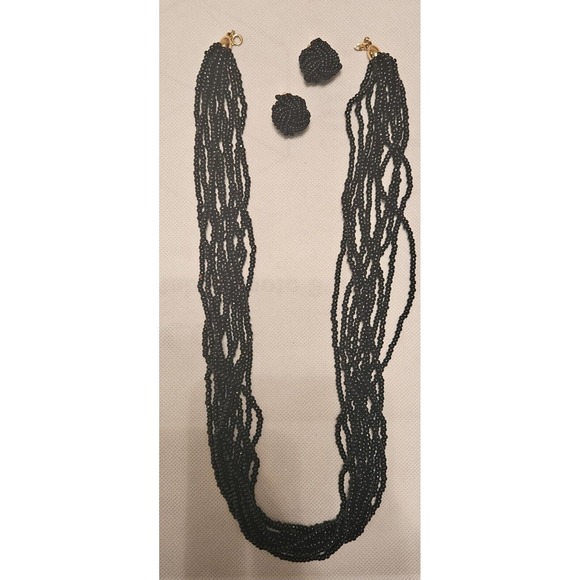 Trifari Jewelry - VINTAGE TRIFARI‎ Beaded Necklace and Earrings Set - Black Seed Beads Jewelry Set